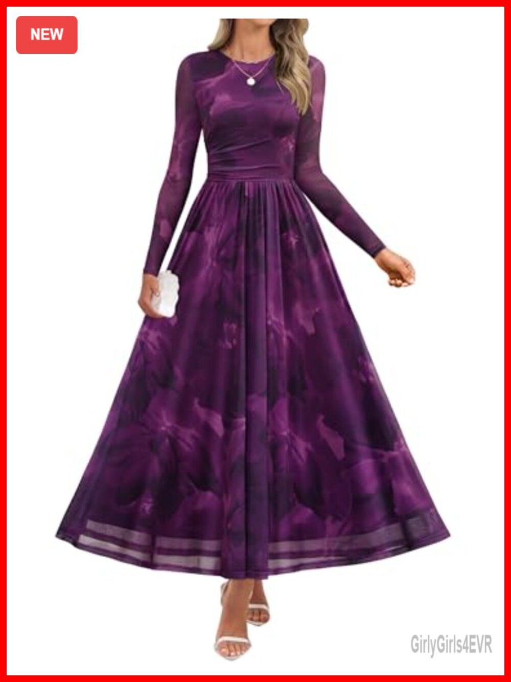 Long Sleeve Maxi Dress Mesh A-Line Ruched Waist Wedding Guest Fall